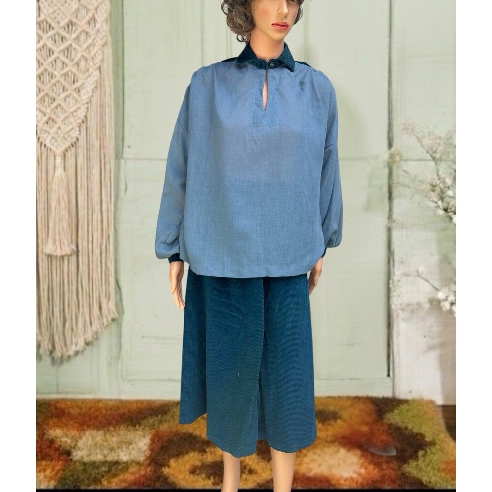 Vintage 1970s 2 Piece Corduroy Skirt And Top Set Turquoise Woven Cotton 26”w